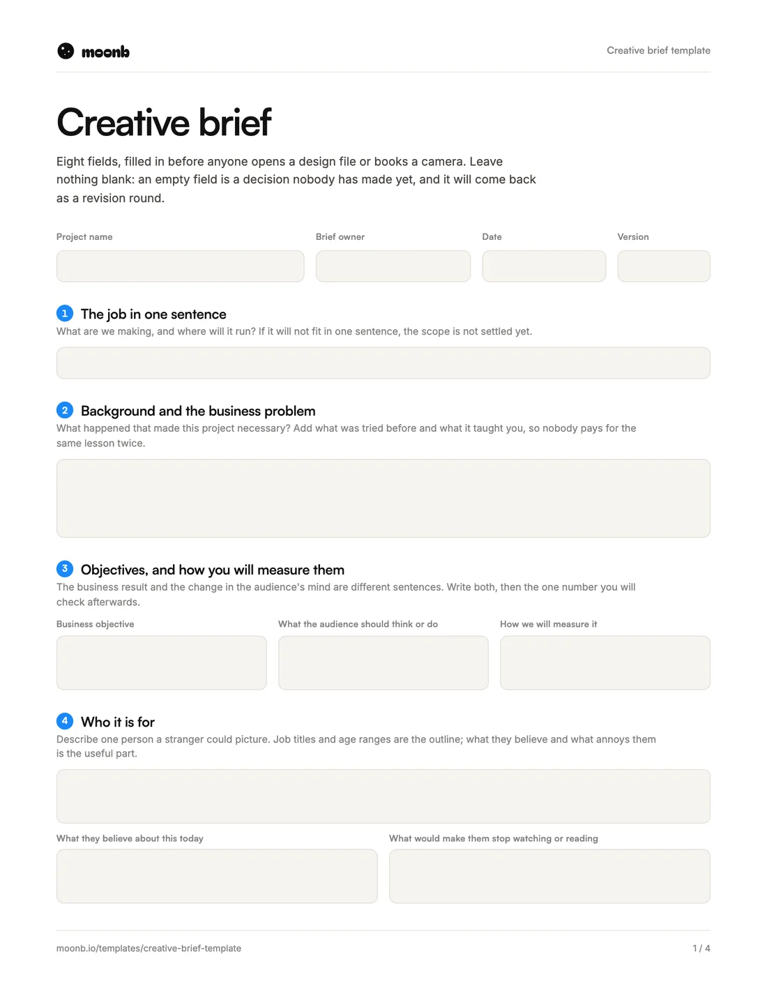 Page one of the Moonb creative brief template, with fields for the project, the business problem, objectives and audience