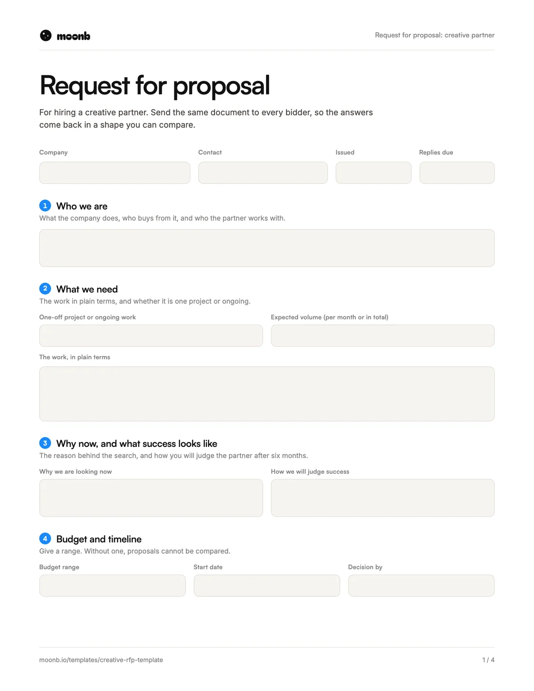 Page one of the Moonb creative RFP template, with fields for who you are, what you need, why now and the budget range