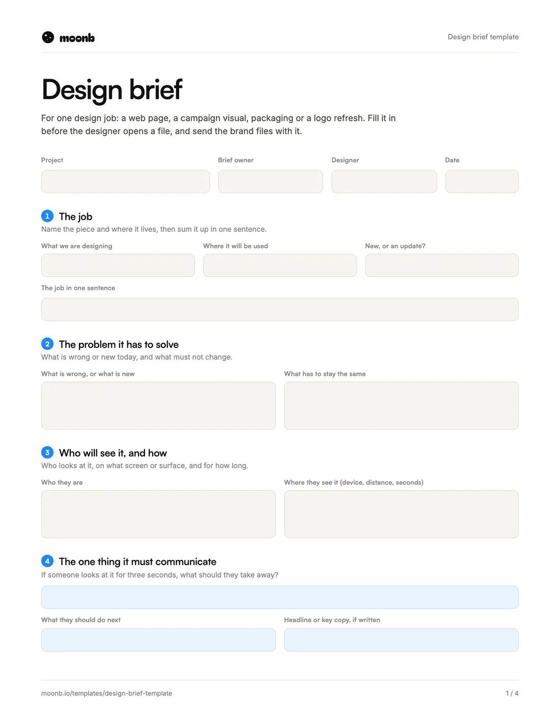 Page one of the Moonb design brief template, with fields for the job, the problem, who will see it and the one thing it must communicate