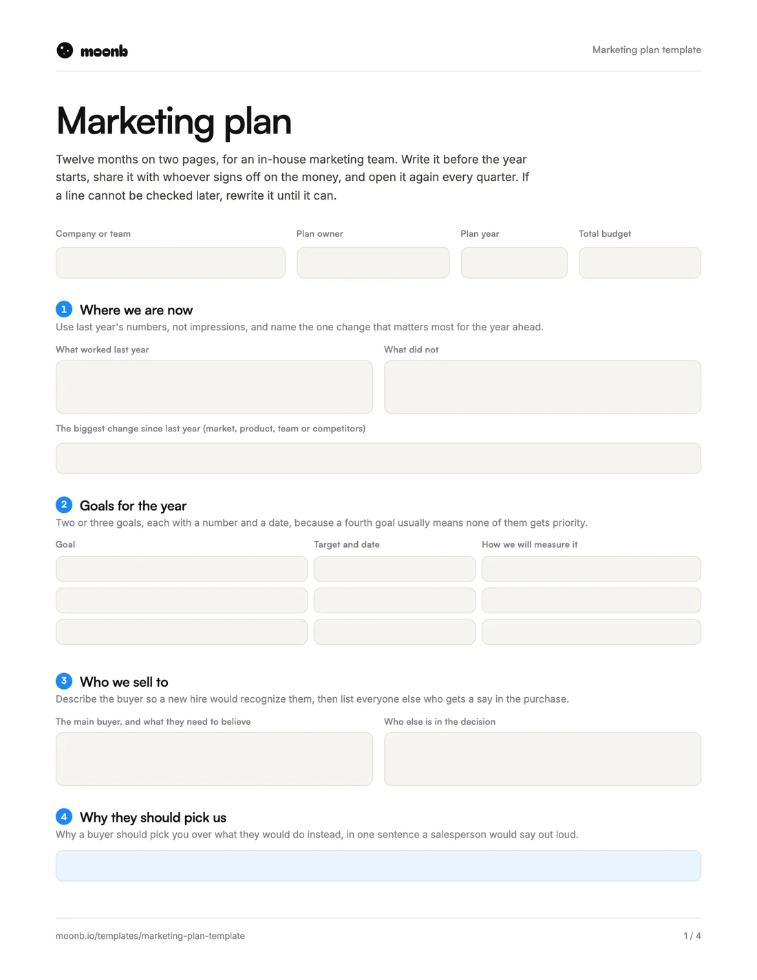 Page one of the Moonb marketing plan template, with fields for where you are now, goals for the year, the buyer and positioning