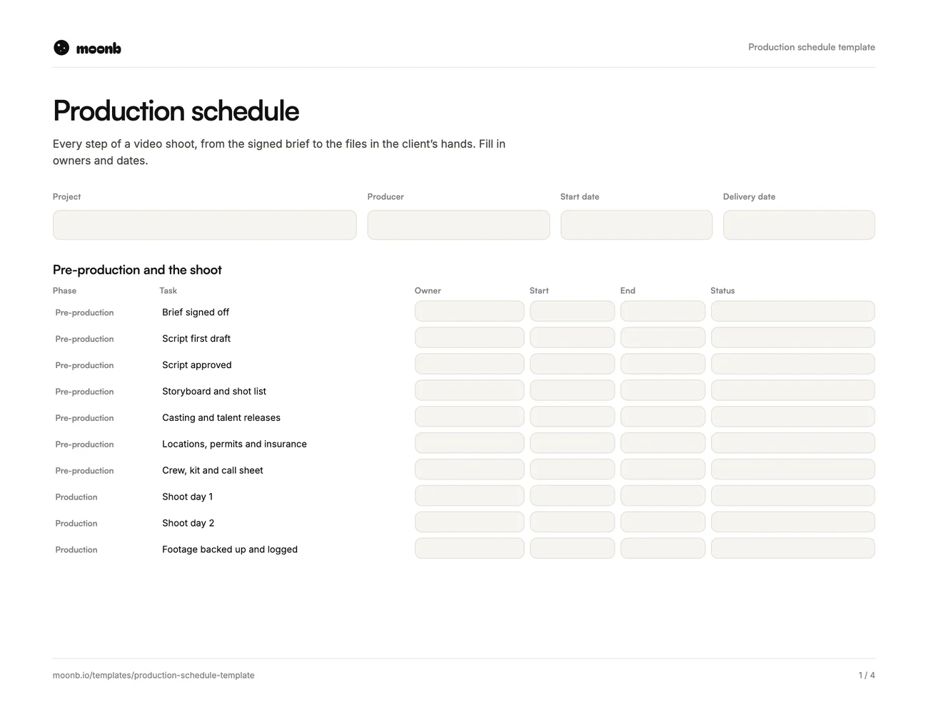 Page one of the Moonb production schedule template, with pre-production and shoot tasks to fill in
