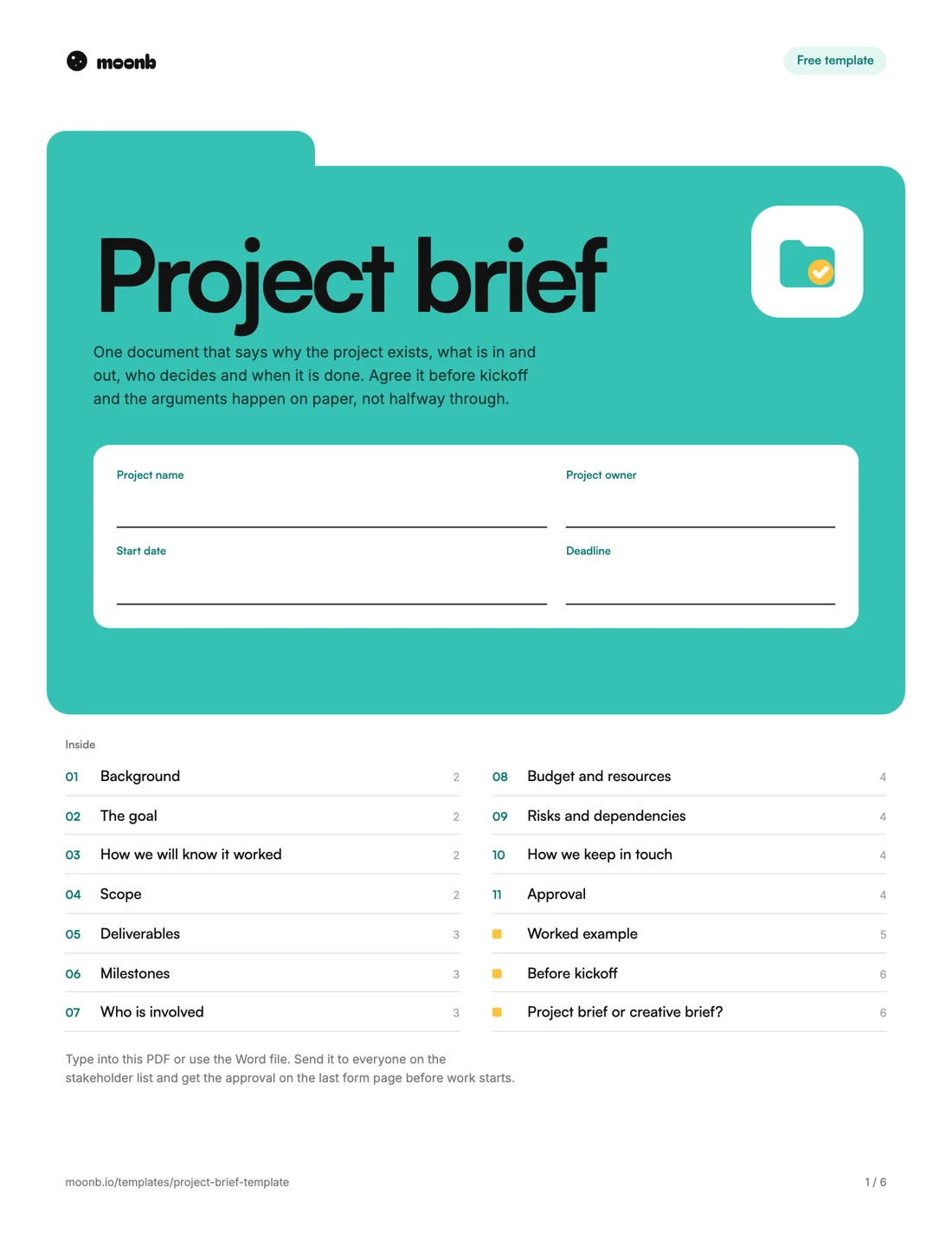 Page one of the Moonb project brief template, with fields for the project name, owner, start date and deadline